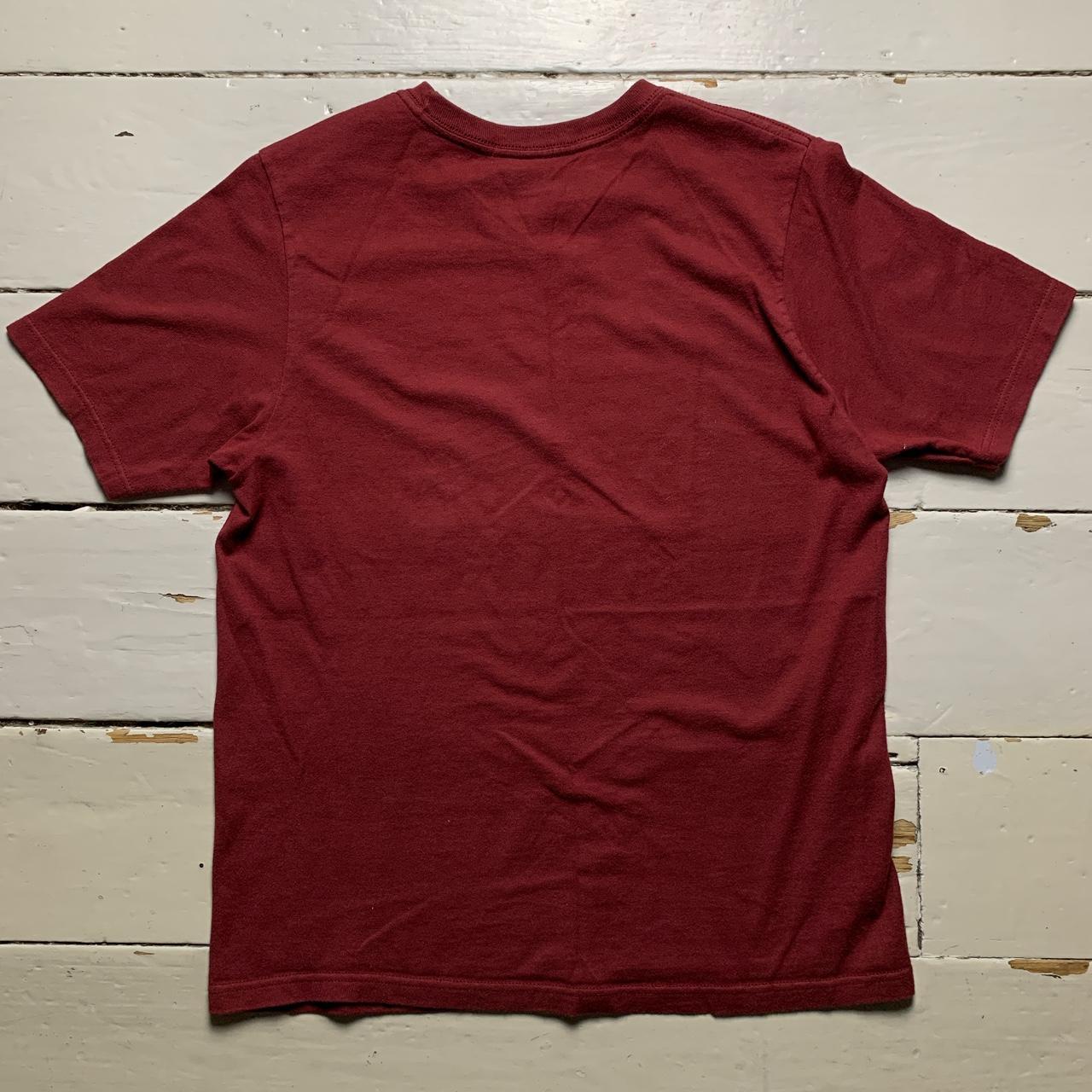 Stussy Burgundy and Yellow Spellout T Shirt