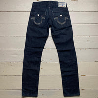 True Religion Boot Cut Navy and Black Painted Logo Jeans