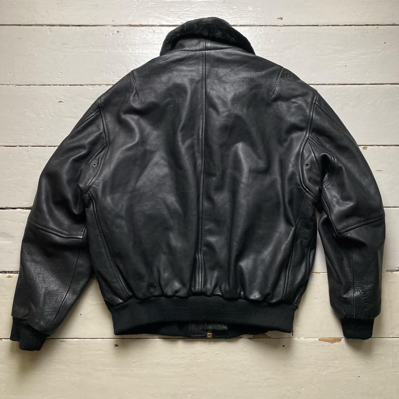 Redskins Black Leather Fur Trim Bomber Flight Jacket