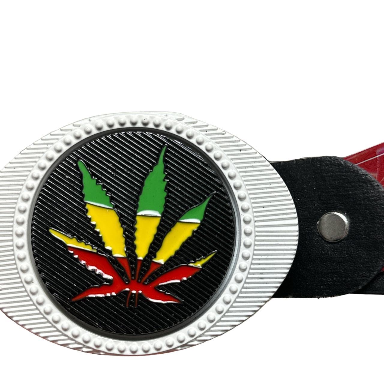 Spinning Marijuana Emblem Rasta Black Red Yellow and Green Belt