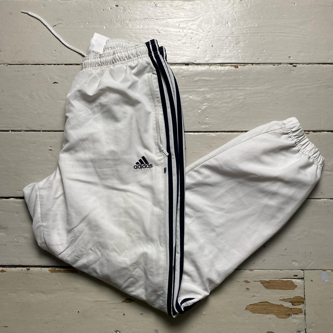 Adidas White and Navy Stripe Baggy Trackpant Shell Bottoms