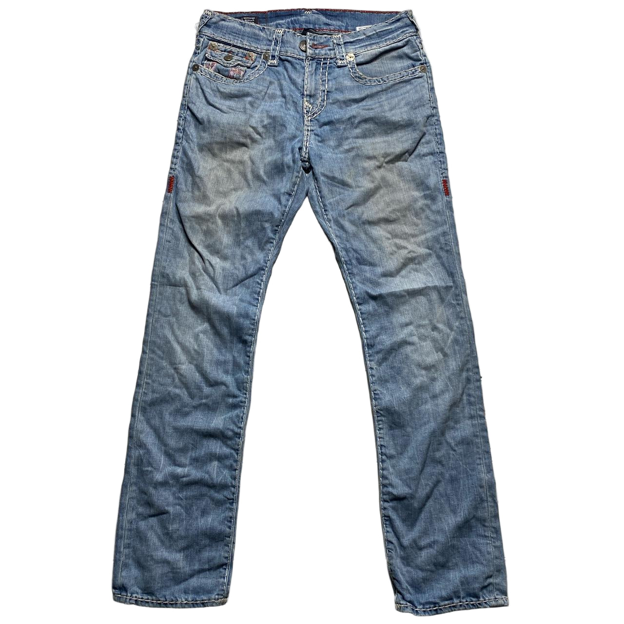 True Religion Light Blue Red White and Red Big Stitch Baggy Ricky Jean (30W)