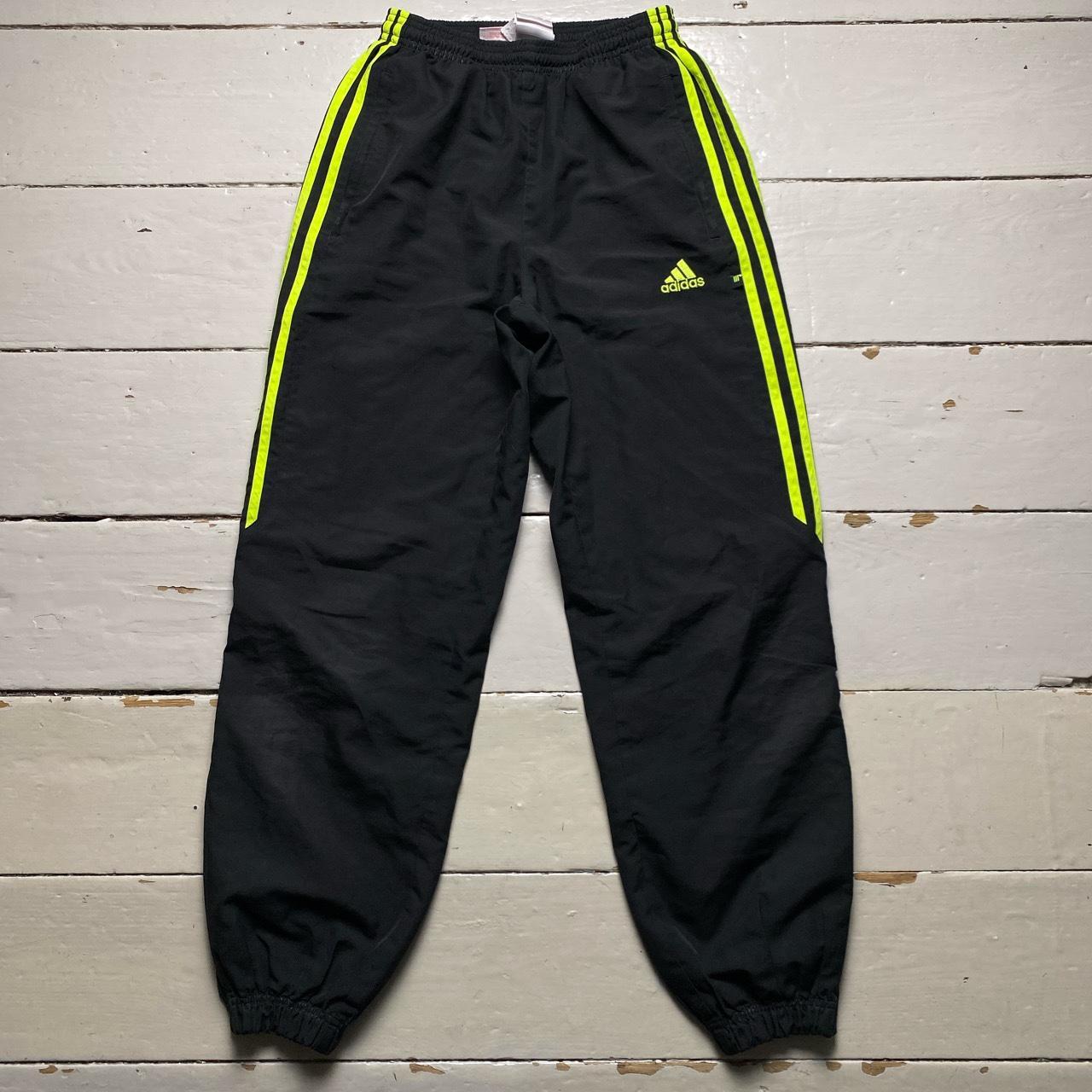 Adidas Black and Neon Green 3 Stripe Shell Trackpant Bottoms