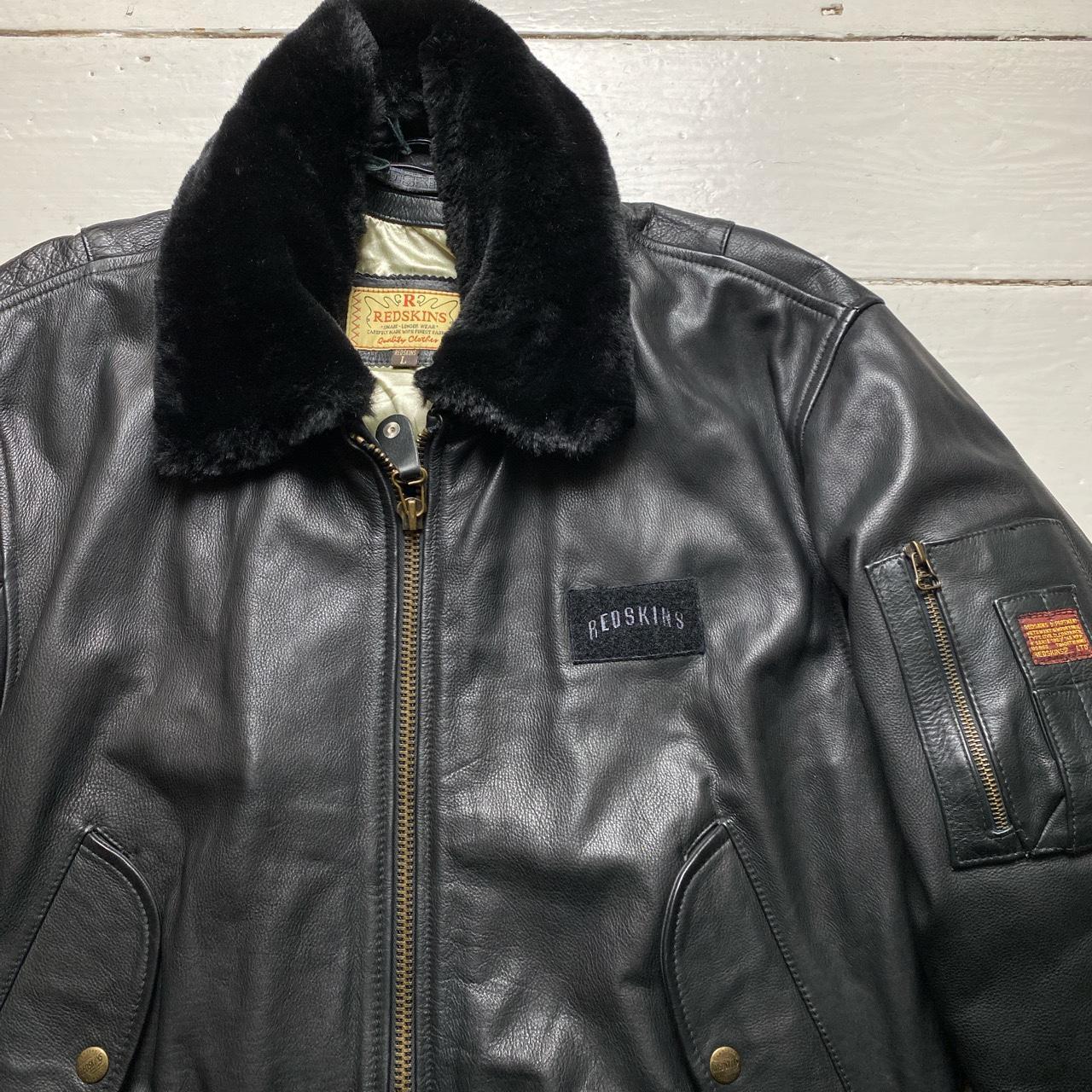 Redskins Black Leather Fur Trim Bomber Flight Jacket