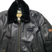 Redskins Black Leather Fur Trim Bomber Flight Jacket (L)