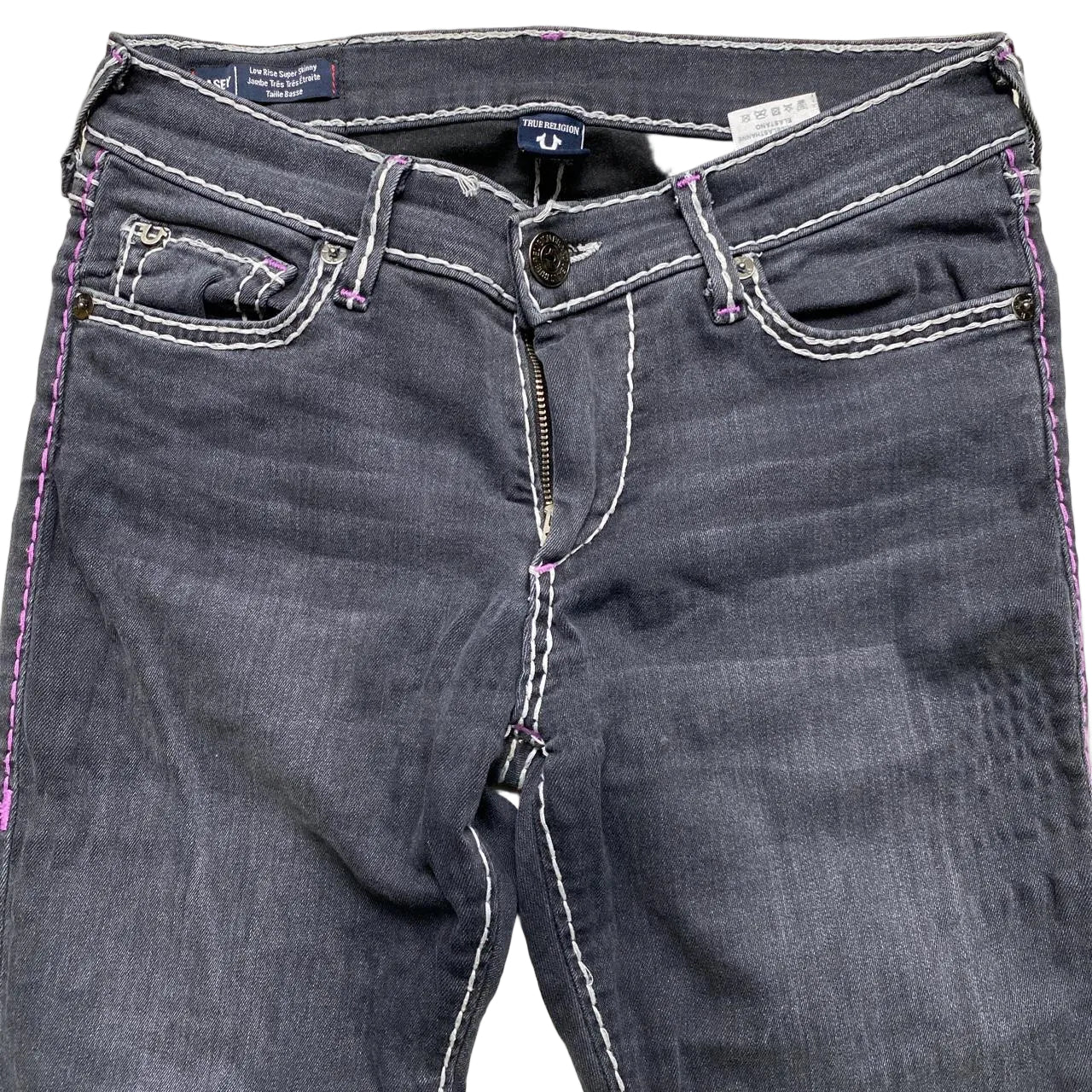 True Religion Casey Womens Grey Big Pink and White Stitch Jeans (27W)