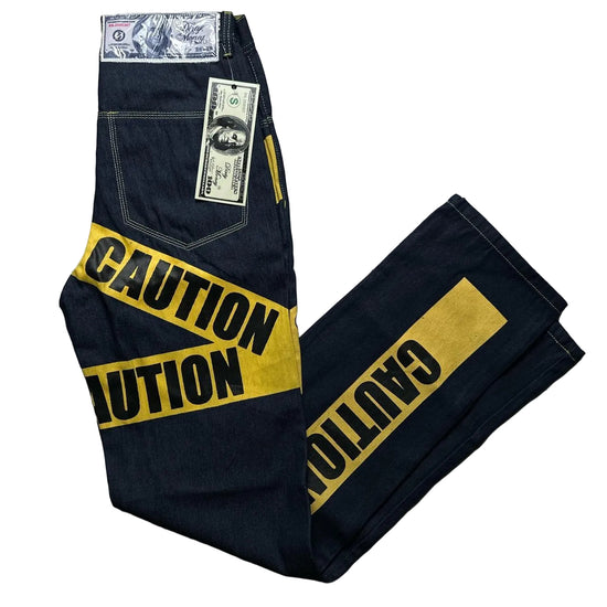 Dirty Money Vintage Caution Print Jeans (30W,38W,40W)