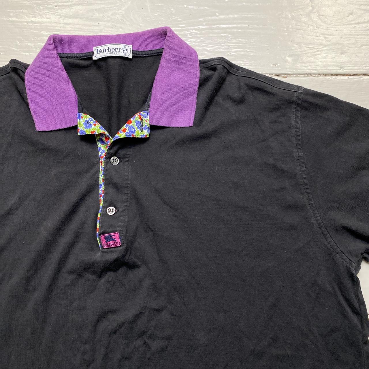 Burberrys Vintage Black Purple Floral Polo Shirt