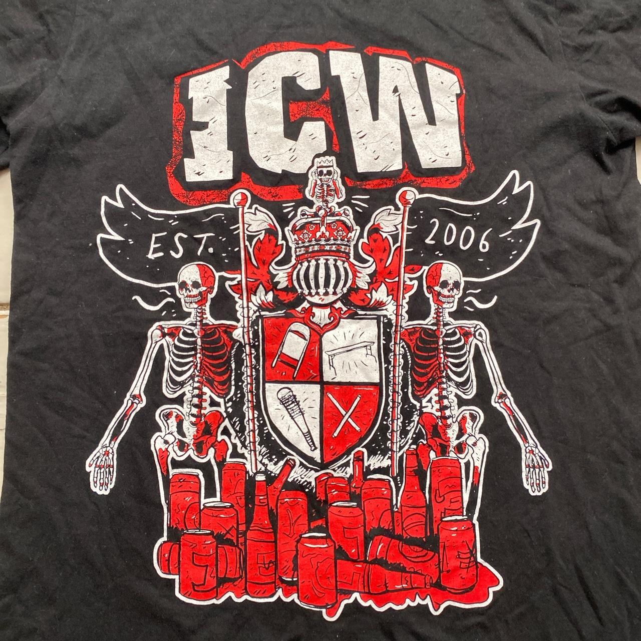 ICW Insane Championship Wrestling Goth Skeleton T Shirt Black and Red