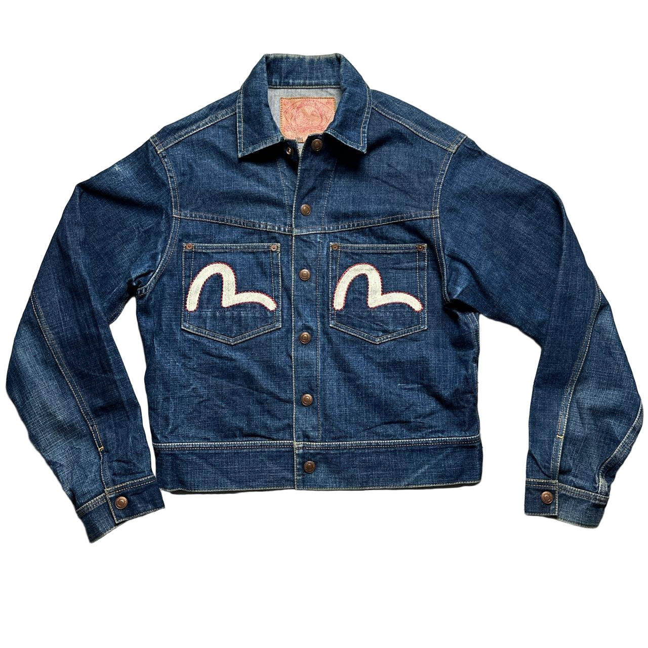 Evisu Vintage Daicock Cream White Swoosh Red Stitch Denim Jacket (L)