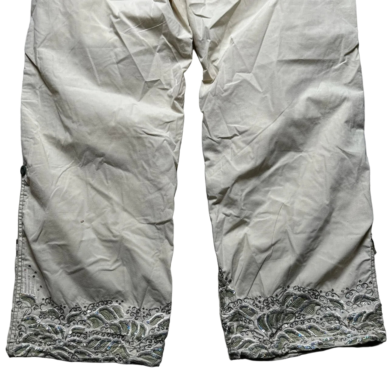 Maharishi Vintage Light Sand Beige Khaki Sequin Embroidered Combat Parachute Baggy Trousers (XS)
