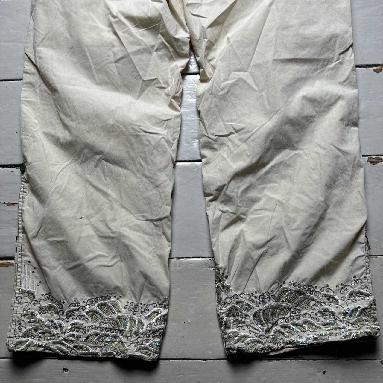 Maharishi Vintage Light Sand Beige Khaki Sequin Embroidered Combat Parachute Baggy Trousers