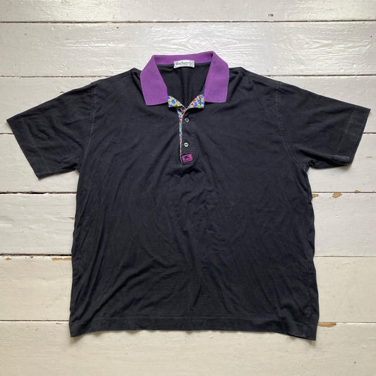 Burberrys Vintage Black Purple Floral Polo Shirt