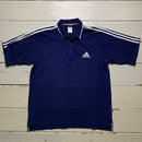 Adidas Navy and White Stripe Vintage Polo Shirt