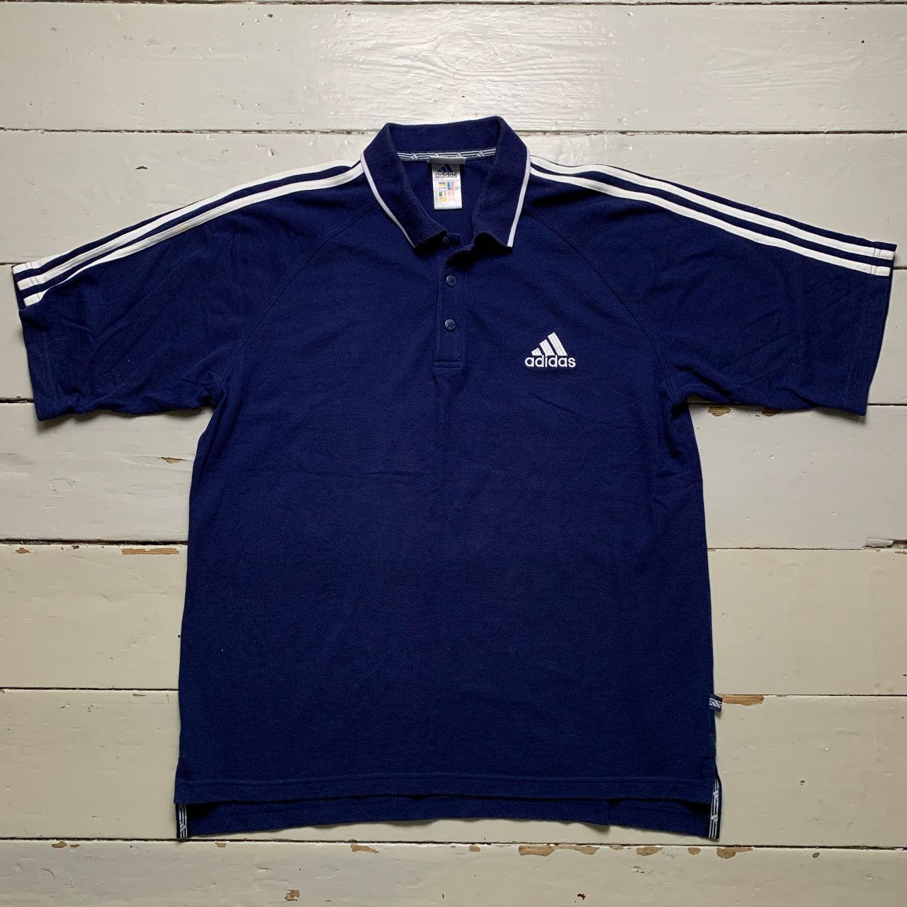 Adidas Navy and White Stripe Vintage Polo Shirt