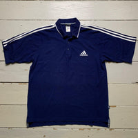 Adidas Navy and White Stripe Vintage Polo Shirt