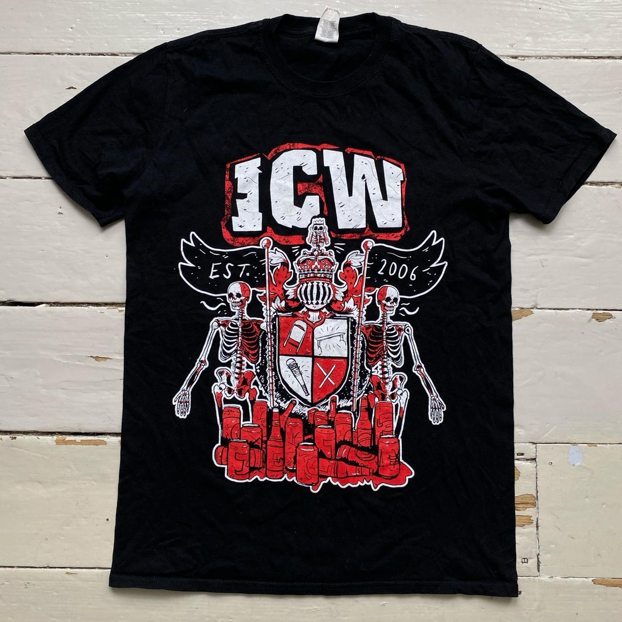 ICW Insane Championship Wrestling Goth Skeleton T Shirt Black and Red