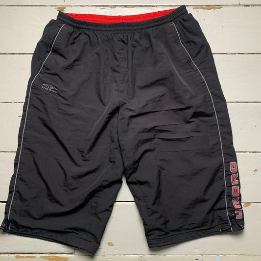 Umbro Black and Red Vintage Shell Trackpant Shorts