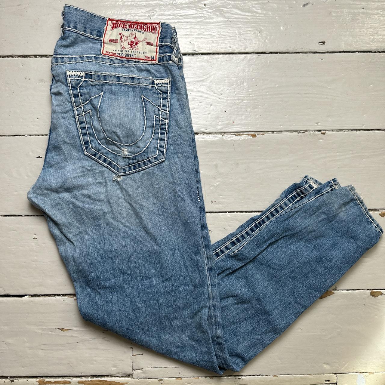 True Religion Geno Super T Distressed Jeans Light Blue and Big White Stitch