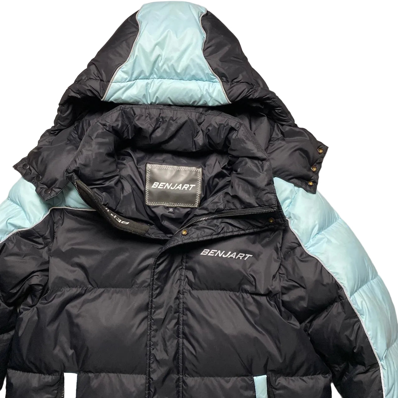 Benjart Bubble Puffer Parka Long Coat Black and Baby Blue (XS)