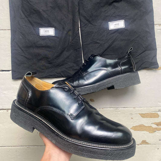 AMI Paris Leather Shiny Smart Black Brogue Shoes