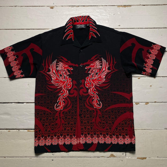 Dragonfly Black Red and White 90’s Y2k Dragon Silk Shirt