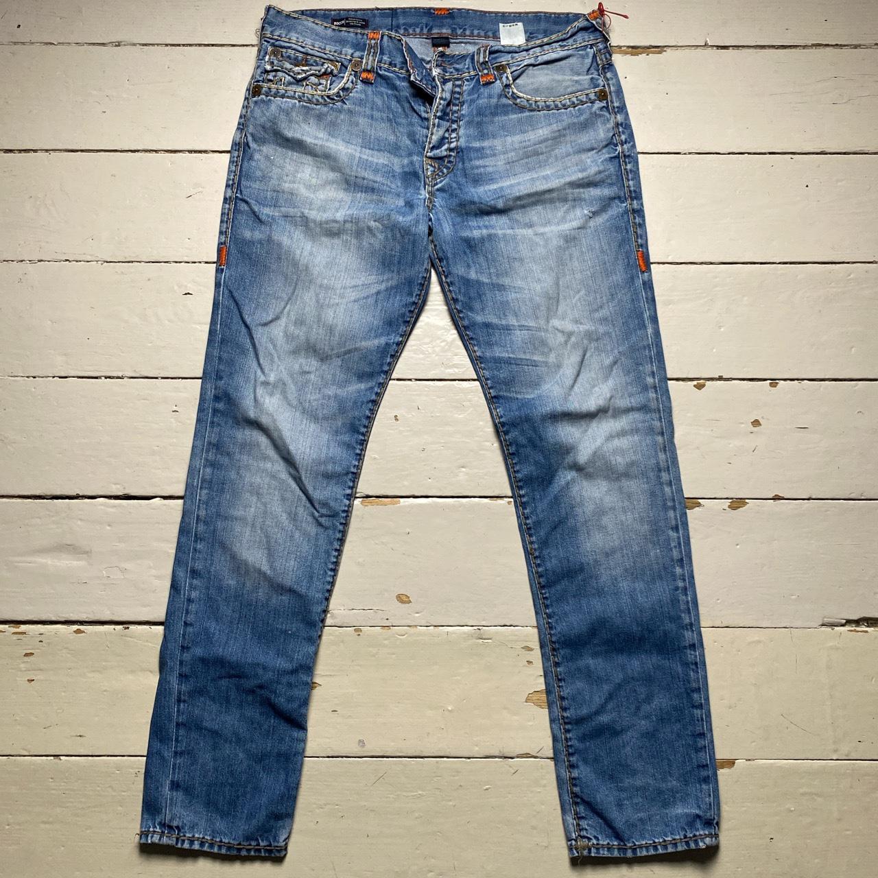 True Religion Rocco Light Blue Big Yellow and Orange Stitch Baggy Jeans