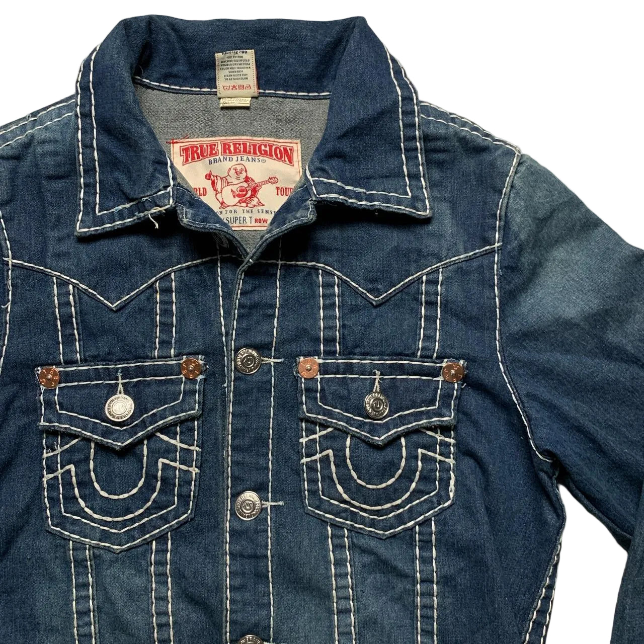True Religion Joey Super T Big Contrast Stitch Navy and White Denim Jacket (L)
