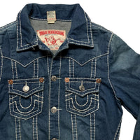 True Religion Joey Super T Big Contrast Stitch Navy and White Denim Jacket (L)