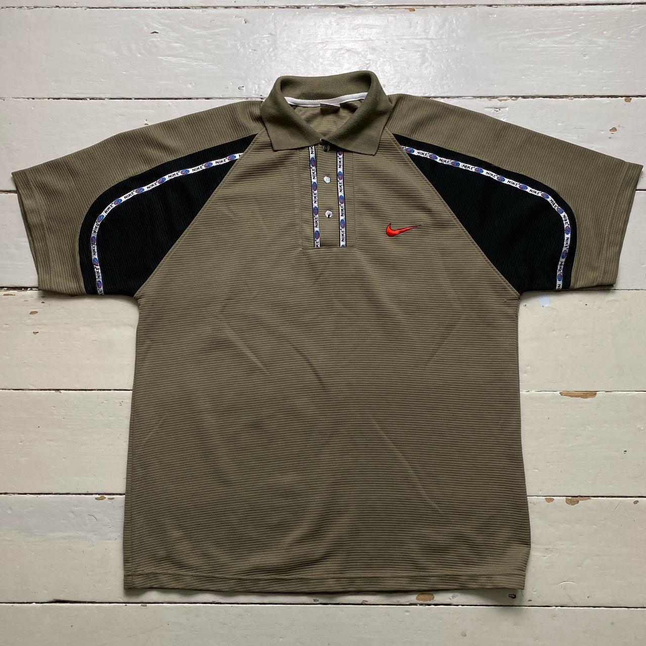 Nike Vintage 90’s Khaki Green and Black Repeat Logo Red Swoosh Polo Shirt
