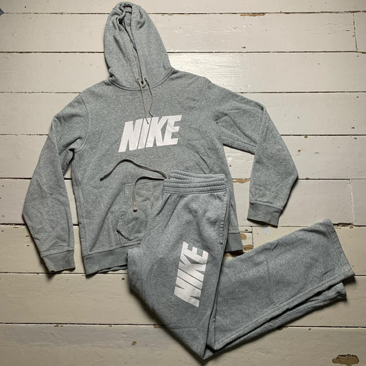 Nike Club Grey and White Baggy Hoodie and Joggers Full Tracksuit