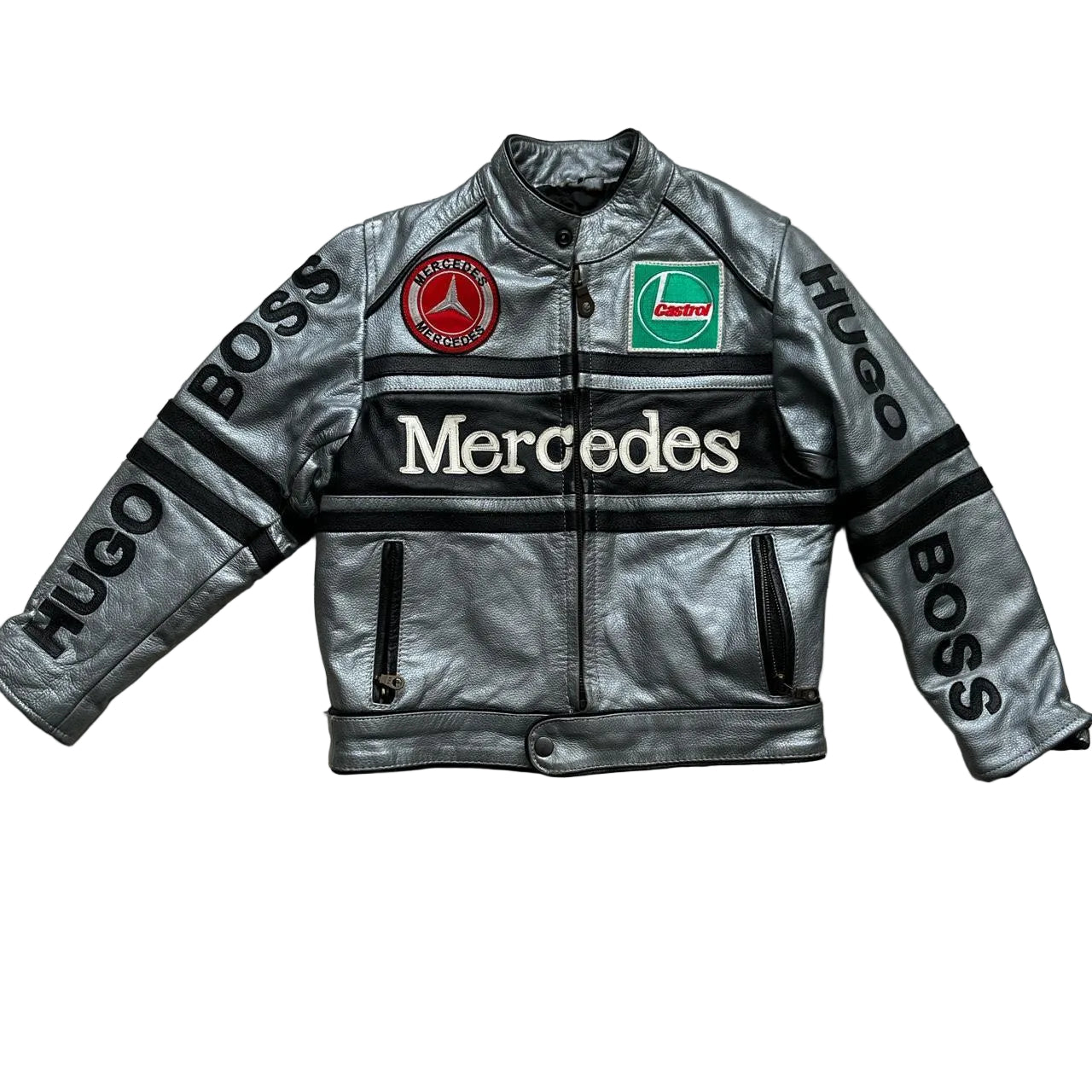 Mclaren Mercedes Vintage Kids Leather Jacket Silver and Black (M Kids)