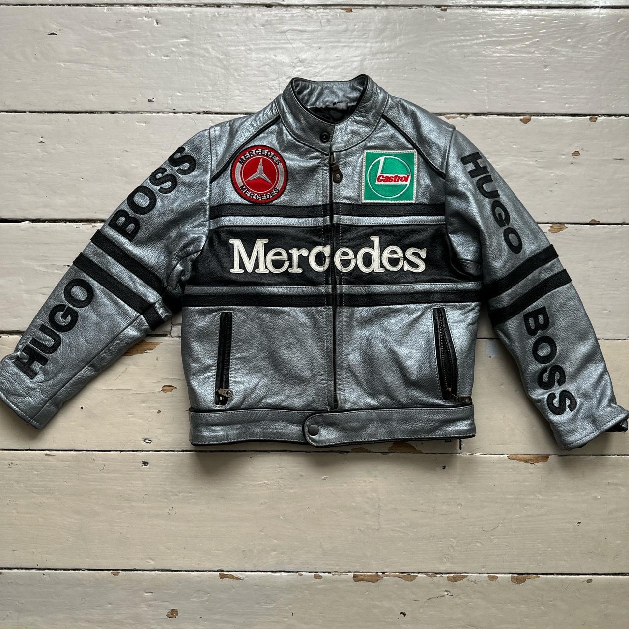 Mclaren Mercedes Vintage Kids Leather Jacket Silver and Black