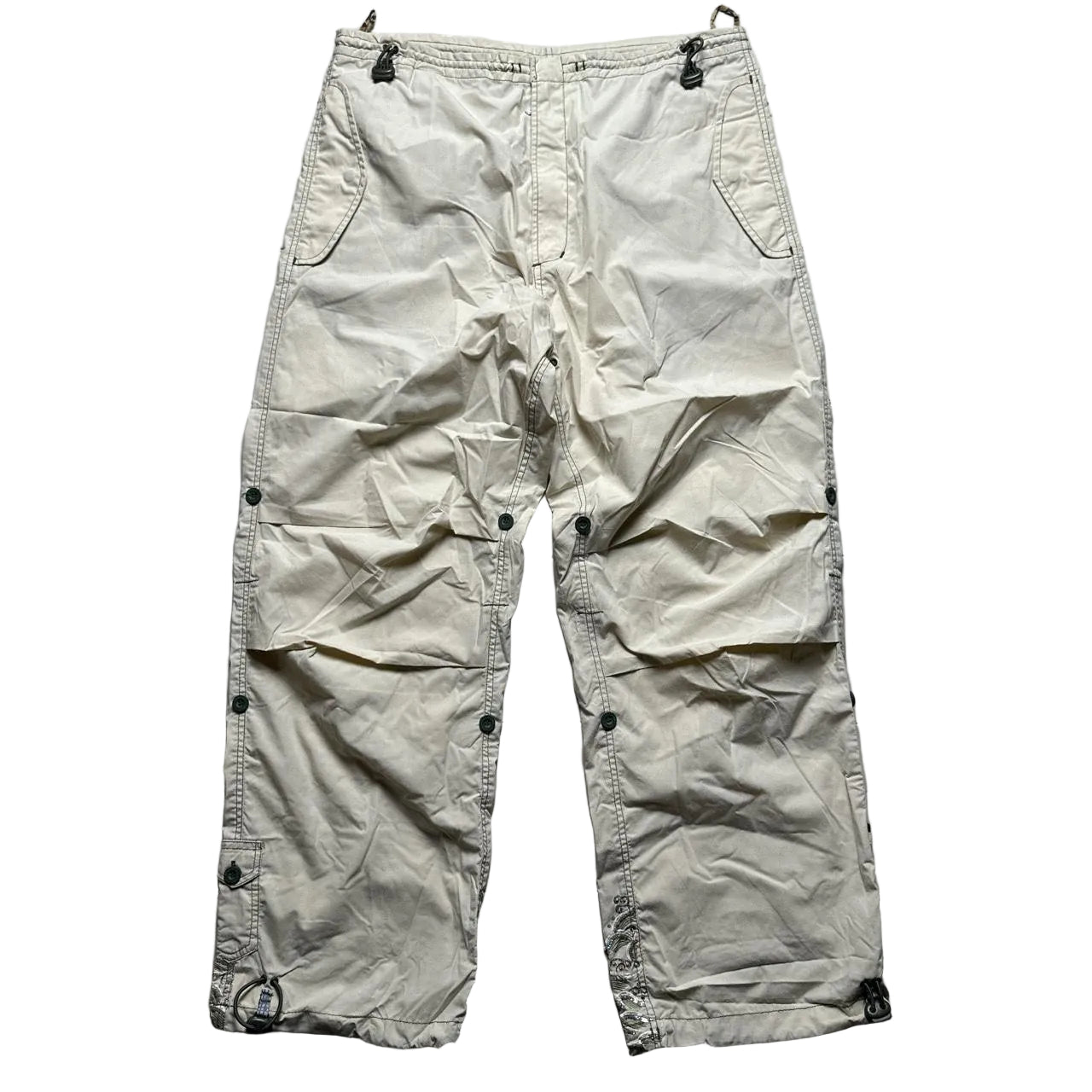 Maharishi Vintage Light Sand Beige Khaki Sequin Embroidered Combat Parachute Baggy Trousers (XS)