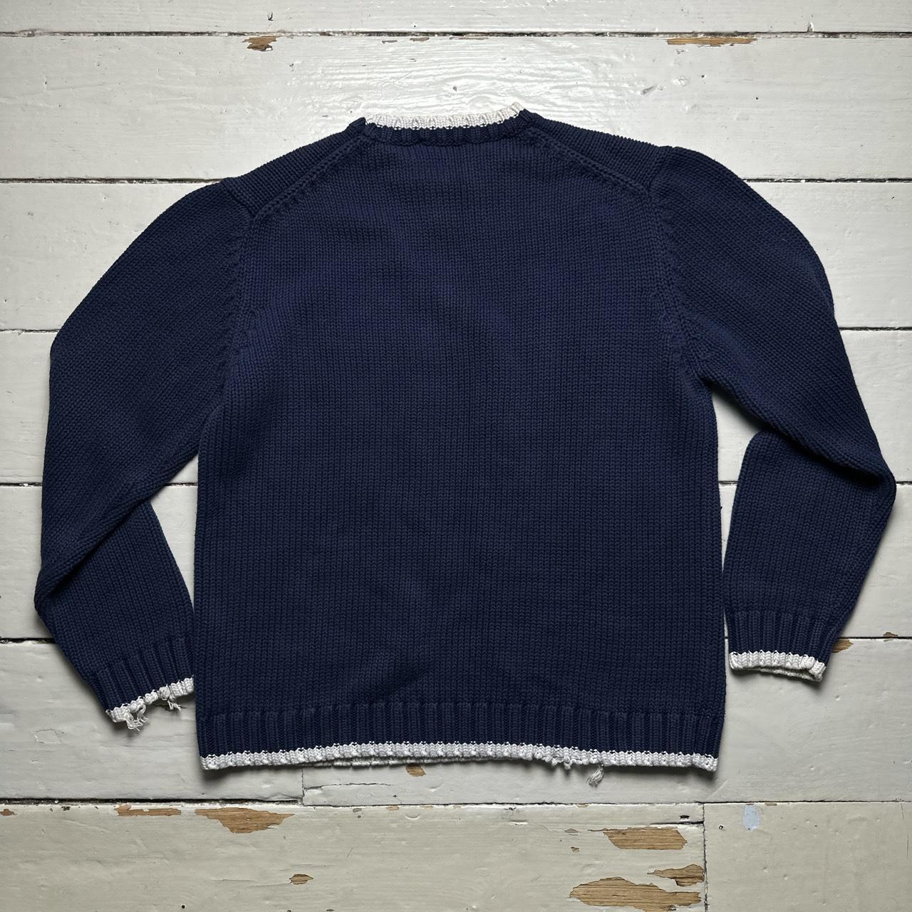 YSL Yves Saint Laurent Vintage Navy and White Cable Knit Knitted Thick Jumper