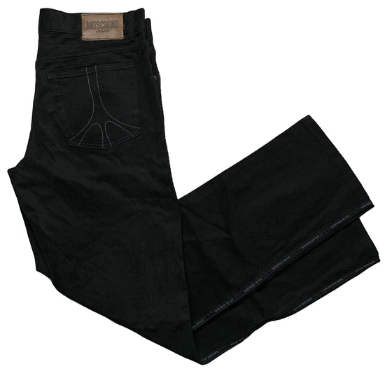 Moschino Jeans Vintage Black and Grey Stitch Jeans with Tape Repeat Logo (34W)