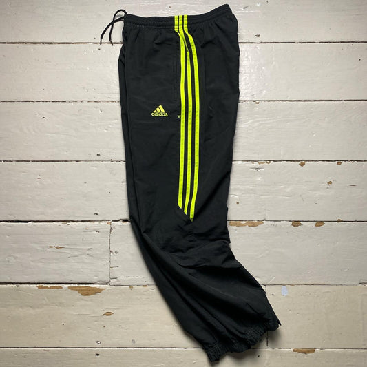 Adidas Black and Neon Green 3 Stripe Shell Trackpant Bottoms