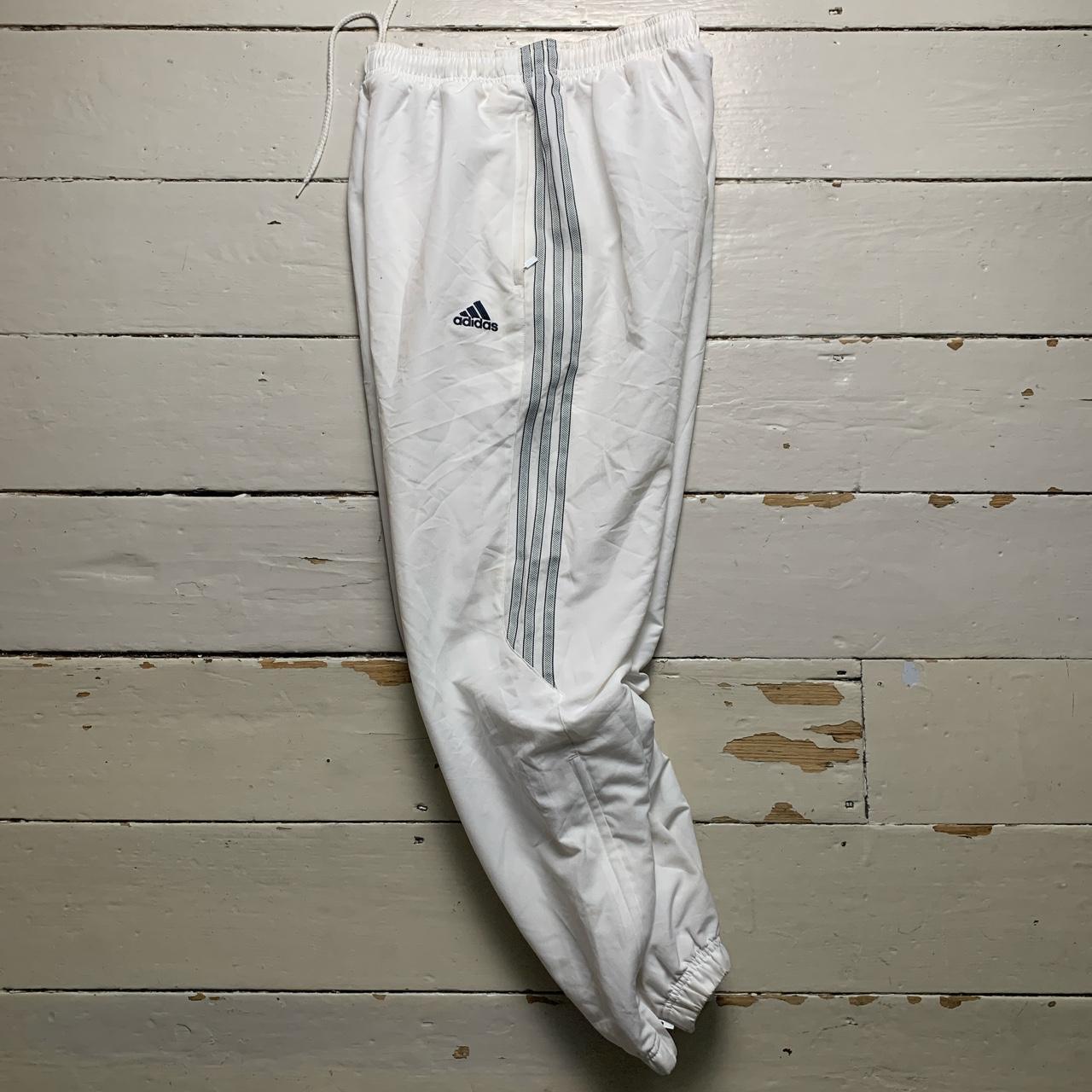 Adidas White and Navy Stripe Shell Track Pant Bottoms