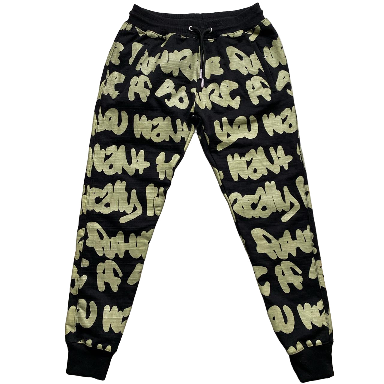 B Side London Graffiti Black and Green All Over Print Joggers (M)