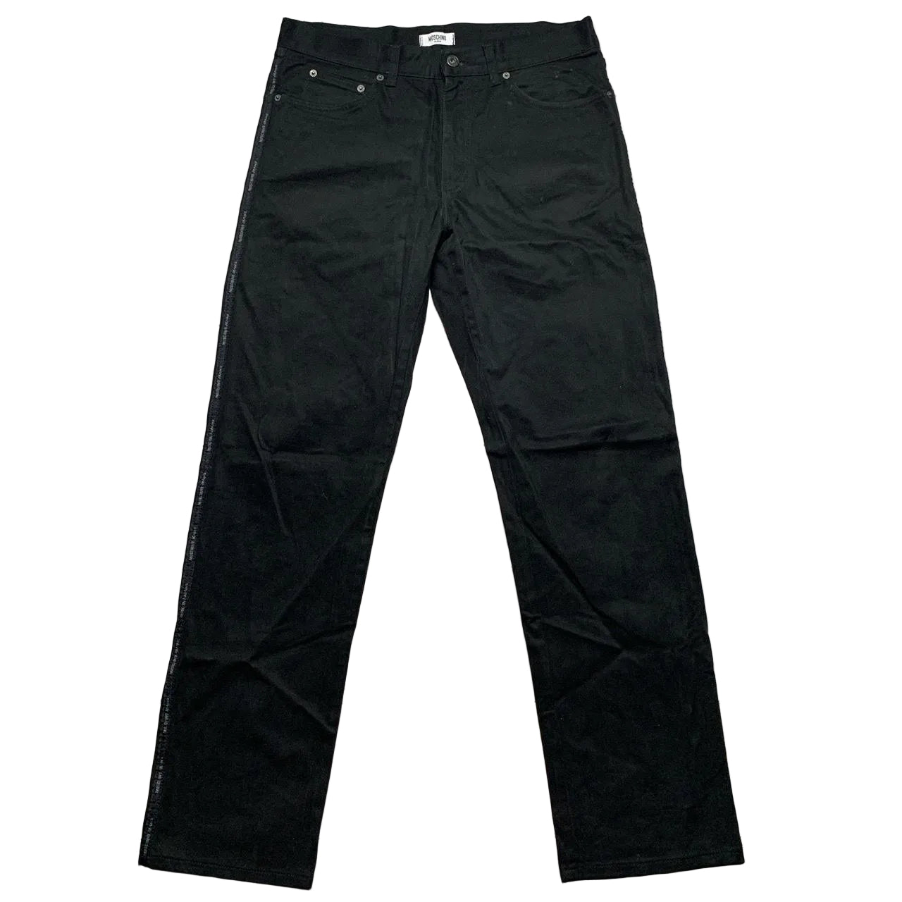Moschino Jeans Vintage Black and Grey Stitch Jeans with Tape Repeat Logo (34W)