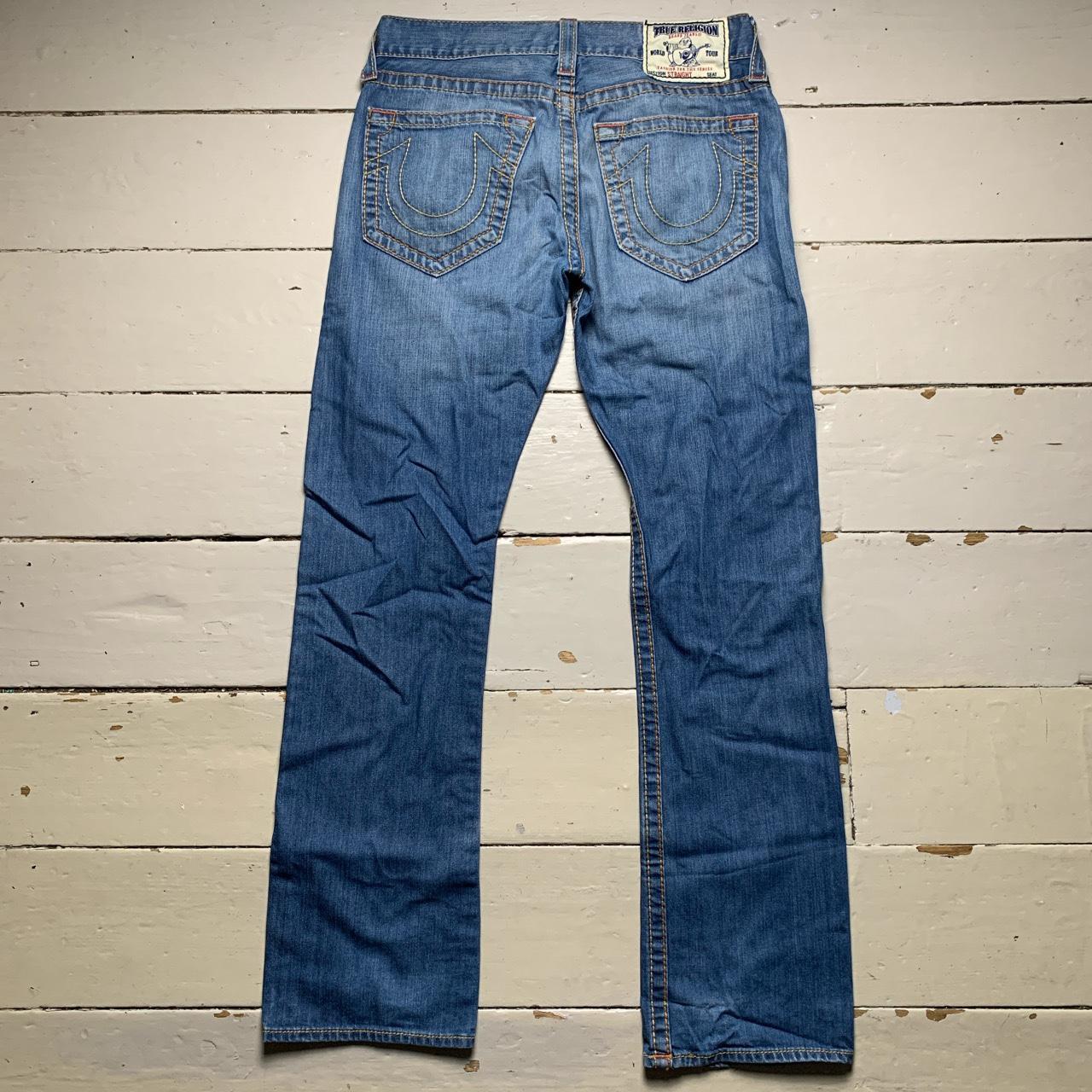 True Religion Straight Baggy Big Yellow and Orange Stitch Blue Jeans