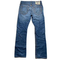 True Religion Straight Baggy Big Yellow and Orange Stitch Blue Jeans (31W)