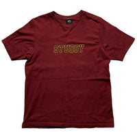 Stussy Burgundy and Yellow Spellout T Shirt (M)
