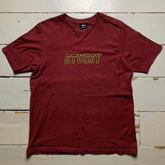 Stussy Burgundy and Yellow Spellout T Shirt