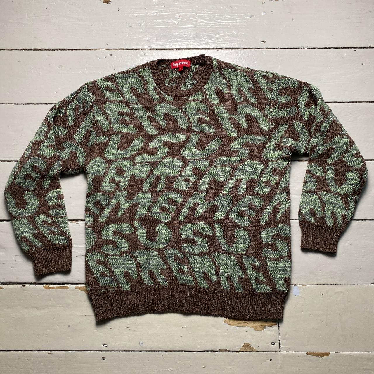 Supreme Stacked Thick Knit All Over Spellout Green and Brown Jumper