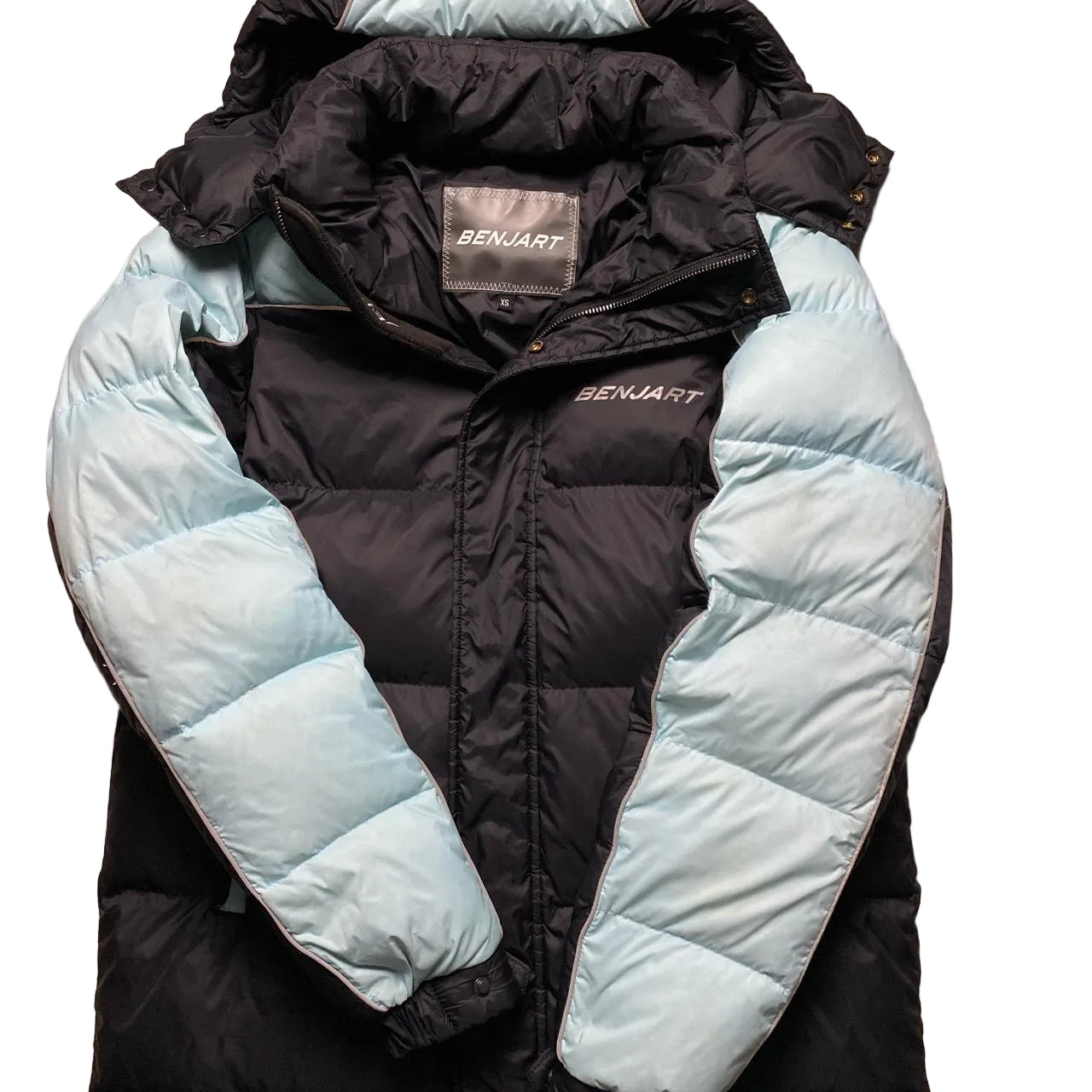 Benjart Bubble Puffer Parka Long Coat Black and Baby Blue (XS)