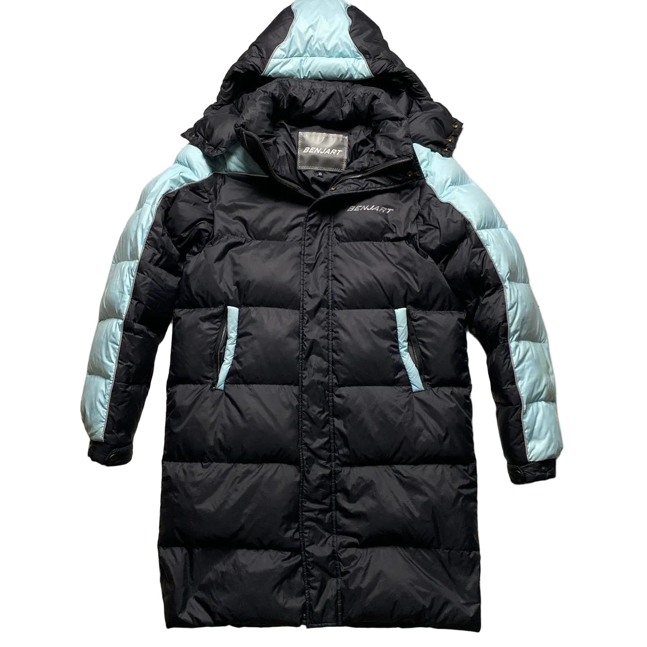 Benjart Bubble Puffer Parka Long Coat Black and Baby Blue (XS)
