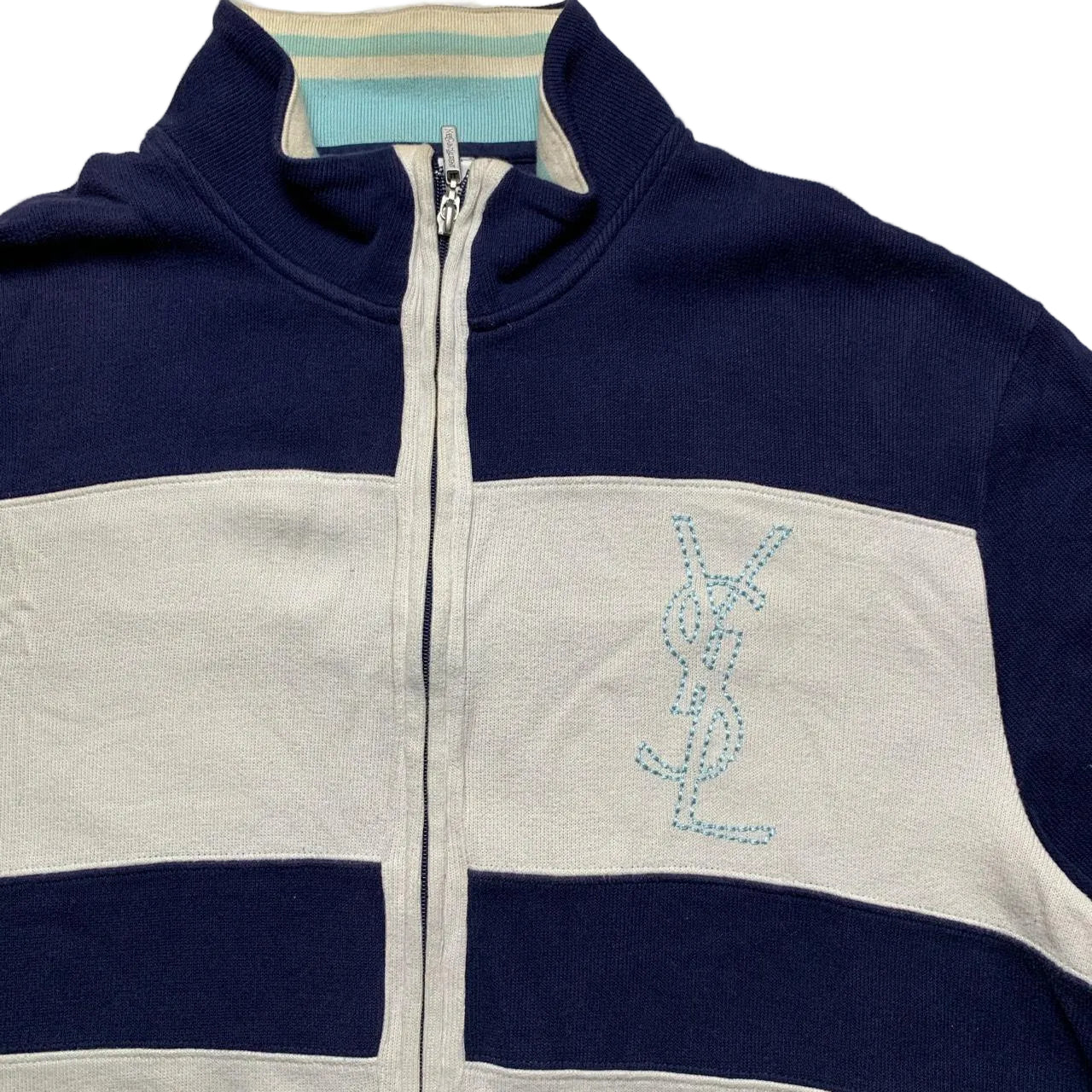YSL Yves Saint Laurent Vintage Zip Jumper Navy Cream and Baby Blue (2XL)