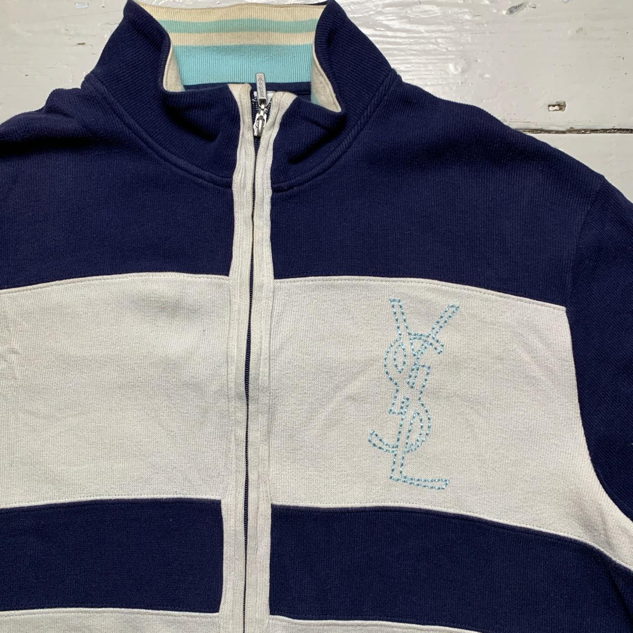 YSL Yves Saint Laurent Vintage Zip Jumper Navy Cream and Baby Blue