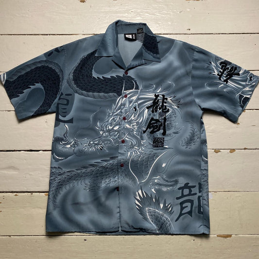 Moon Japanese Dragon Silk y2k 90’s Shirt Grey and Black